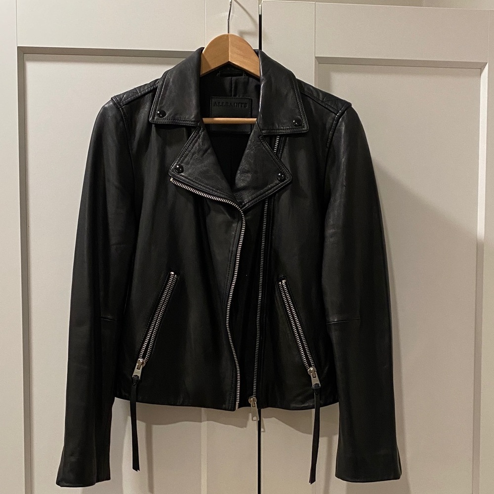 EUC All Saints Dalby Biker Leather Jacket Full Zipper Notch Lapel Black Silver